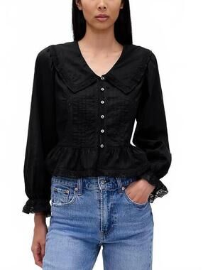 Gap Collared V-Neck Peplum Top NWT True Black XS